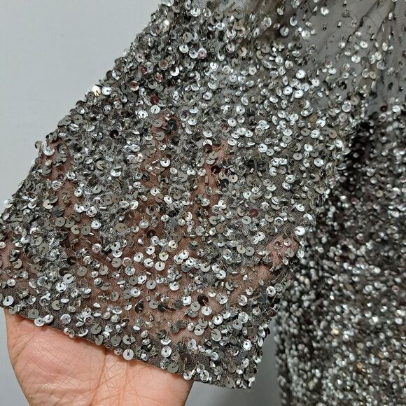 Adrianna Papell Beaded Illussion  Party Gothic Boho Maxi Gown Size 22W Lead/Gray - Picture 11 of 14